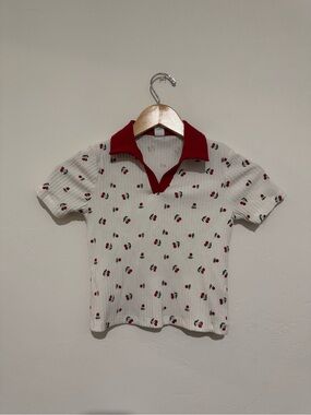 Old Navy Girls M (8) Short Sleeve Ribbed Polo Top White with Cherries